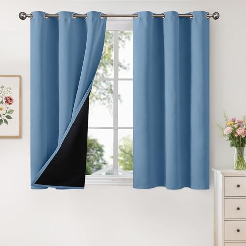 Image of YoungsTex Short 100% Blackout Curtains 40 Inch Length for Bedroom Window, Thermal Insulated Drapes with Grommet Heat Blocking for Living Room, Denim Blue, 2 Panels, 42 X 40 Inch