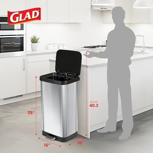 Image of Glad Stainless Steel Step Trash Can with Clorox Odor Protection | Large Metal Kitchen Garbage Bin with Soft Close Lid, Foot Pedal and Waste Bag Roll Holder, 20 Gallon, Stainless