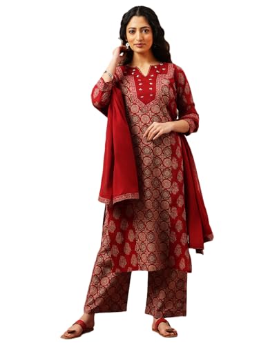 Image of Vbuyz Women Foil Print & Gota Patti Work Straight Cotton Salwar Suit | Straight Kurta Pant Dupatta | Kurta Set with Dupatta for Women | Suit Set | Ethnic Set | Printed Kurta Set