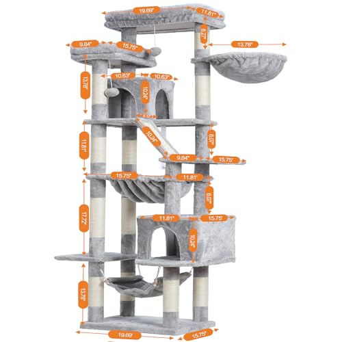 Image of Heybly Cat Tree, 71-Inch-Tall Tower for Indoor Cats with 2 Perches HCT034W | Large Cat Furniture with 2 Big Condos, 2 Hammocks, Basket, Scratching Pad, Multi-Level Cat Condo, Light Gray