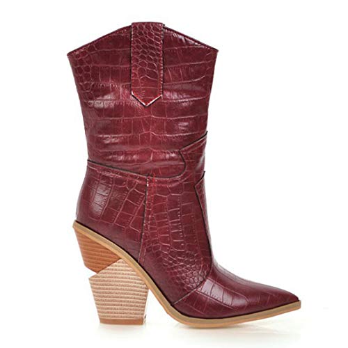 VOKLIN Women's Western Cowboy Chelsea Ankle Boots Pointed Toe Pull On Chunky Stacked High Heel Riding Booties3