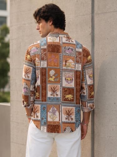 Image of Mens Cotton Cat Printed Shirt Collar Neck Full Sleeves Casual Shirt Regular Fit Button Down Shirt
