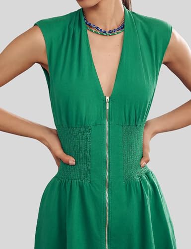 Image of Women's V Neck Summer Dress Cap Sleeve Zipper Mini Dress Smocked Slit Dress with Pockets
