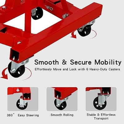 Engine Stand, 2000 LBS (1 Ton) Capacity Heavy Duty Engine Motor Stand with 360 Degree Rotating Head and Folding Frame, Steel Engine Lift Holder Stand with 6 Wheels and 4 Adjustable Arms, Red