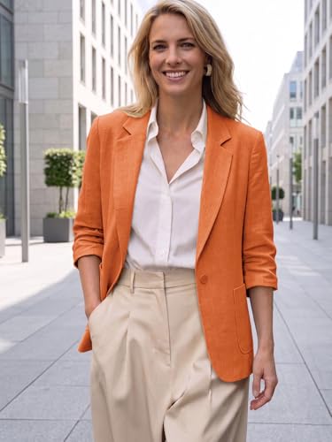 Image of Mina Self 2026 Summer Women's Linen Blazer Jacket - Lightweight Breathable 3 /4 Stretchy Ruched Sleeve Casual Work with Pocket