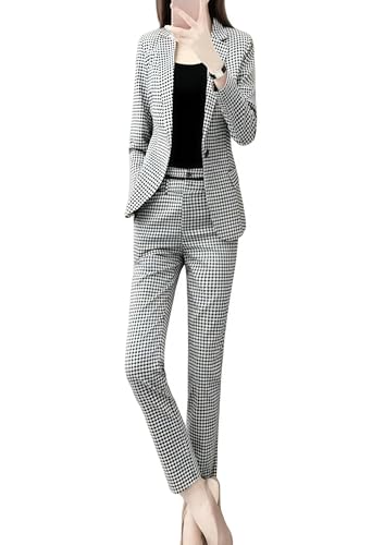 Image of Women's 3-Piece Cotton Blend Blazer Pant Set | Black & White Checkered Co-Ord Suit with Crop Camisole | Formal Office Wear, Business Casual, Interview, Corporate