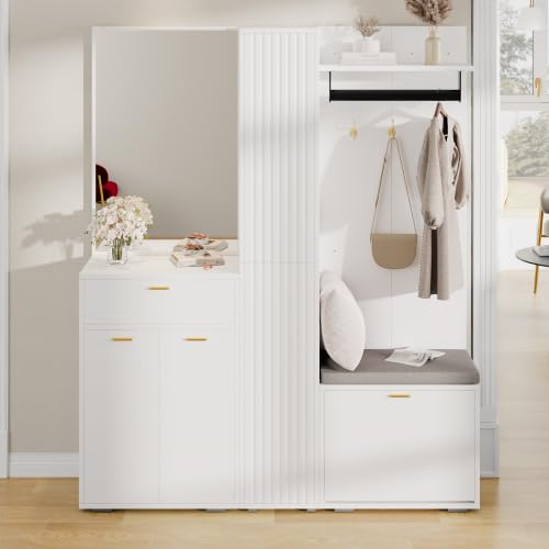 Garderobenset mit Spiegel, Kleiderstange & Sitzbank, Kompaktgarderobe mit 3 Türen, Kippfach-Schuhregal & Schublade, Weiß, 150x36x180 cm für Diele, Flur, Eingangsbereich