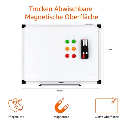 Amazon Basics Magnet-Whiteboard mit Stifthalter, trocken abwischbar, Aluminiumrahmen, magnetische Pinnwand, Wandmontage, für Zuhause, Büro, Schule, 60cm x 45cm