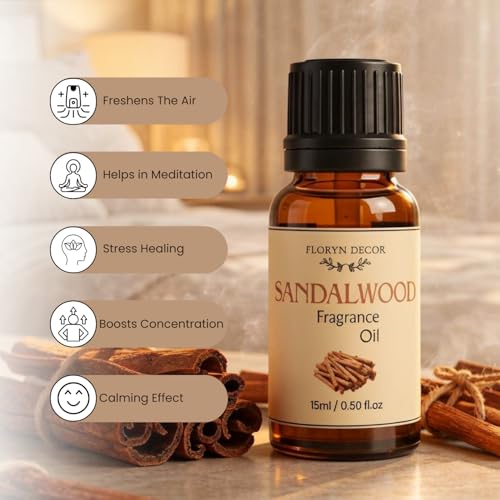Image of Floryn Decor 15ml Aroma Oil Fragrance Oil for Diffuser, Candles, Soap & Aroma Therapy | Long Lasting Floral Scent | Premium Concentrated Aroma Oil (Sandalwood)