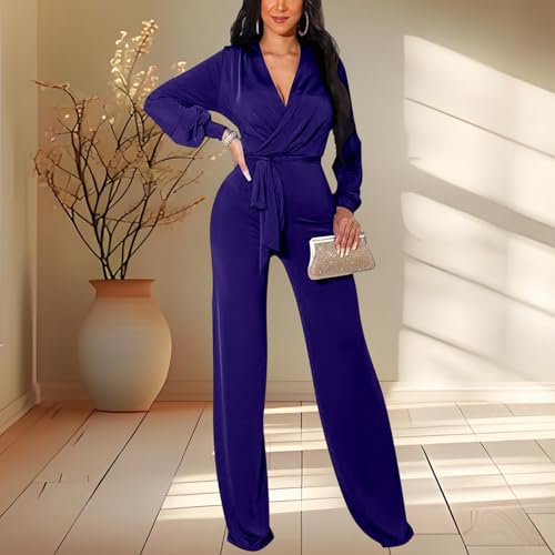 Image of shengfan Formal Jumpsuits for Women Dressy Evening Sexy Deep V Neck Plus Size Long Wide Leg Pants Rompers Clubwear