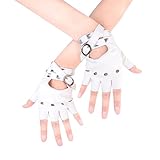 JISEN Women Punk Belt Up Half Finger PU Leather Performance Gloves White