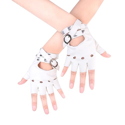 JISEN Women Punk Belt Up Half Finger PU Leather Performance Gloves White