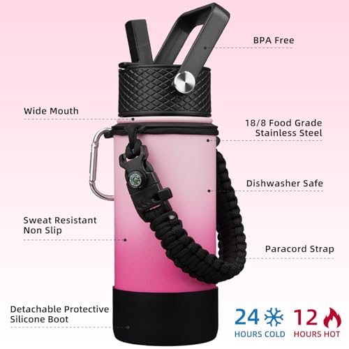Image of BJPKPK 18oz Insulated Water Bottle with 3 Lids, Straw Lid & Handle