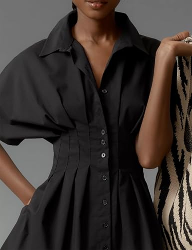 Image of SAFRISIOR Women Button Front Pleated Mini Shirt Dress Summer Short Sleeve Striped Blouse Casual Corset Dresses Black