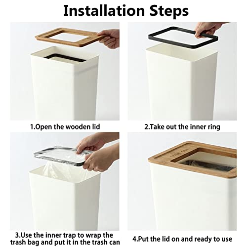 Doxiglobal 2Pcs Slim Plastic Trash Can Set Wastebasket With Wood Lid Rectangular Waste Bin Small Garbage Container White For Home Office Bathroom Kitchen- 2 Gal+2.4 Gallon #TOP5