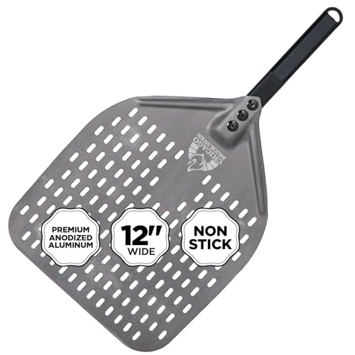 Image of Chicago Brick Oven Perforated Pizza Peel - 12 inchx15 inch Anodized Aluminum Pizza Steel, 11 inch Handle, 26 inch Overall Length - Ideal Pizza Turning Peel for Pizza Oven, Brick Oven, Baking Bread
