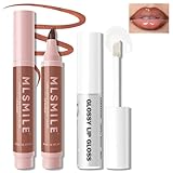 HOSAILY Lip Liner Marker Pen, Lip Stain Liquid Lipstick Set, Waterproof and Long Lasting Nude Lip Liner and Clear Lip Gloss Combo, Non-Stick Cup Nourishing Lip Makeup