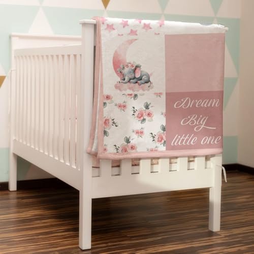 Image of HawSkgFub Pink Elephant Rose Floral Baby Blanket Girls Shower Gift, Dream Big Little One Flannel Fleece Nursery Bed Receiving Swaddle, Soft Lightweight Newborn Infant Toddler Kids Crib Bedding 30 x 40