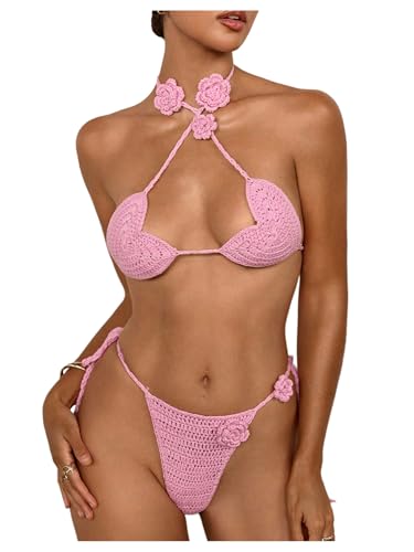 MakeMeChic Women's Crochet Bikini Cover Up Set 3D...
