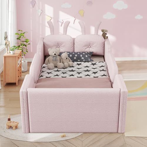 Image of Twin Size Kids Bed with Rabbit Cushions, Upholstered Boucle Fabric Platform Floor Twin Daybed with Removable Side Rail, Space-Saving Wooden Corner Sofa Couch Bed Frame for Girls, Boys, Teenager(Pink)