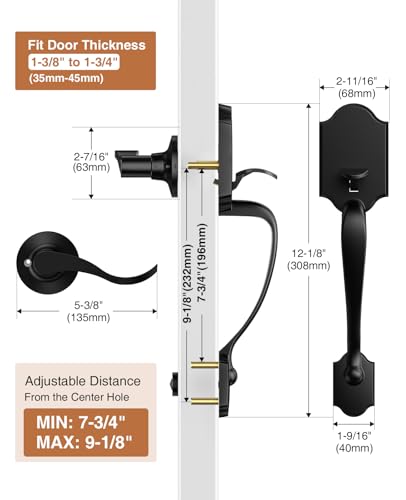Image of Brightify Black Front Door Handle No Lock, Classic Exterior Door Handle, Entry Door Handle Reversible for Left & Right Hand Doors