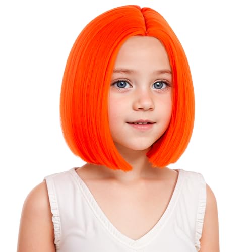 Image of Kids Orange Wigs Girls Orange Bob Wig Middle Part Bob Wig for Child Synthetic Wigs for Daily Halloween Party Use