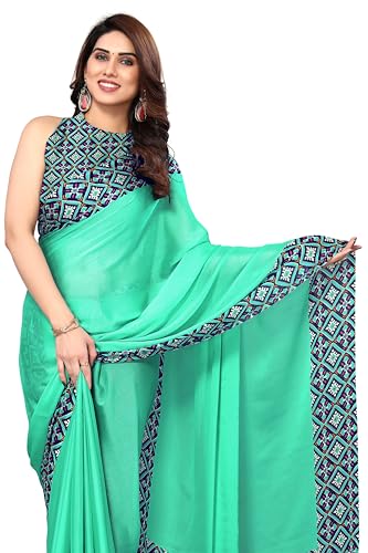 Image of MIRCHI FASHION Saree for Woman Chiffon Georgette Polka Dot Border | Plain Lightweight Women's Sari with Printed Pallu and Blouse Piece
