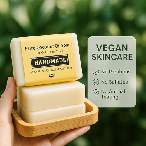 Image of 5 PACK Organic Soap Natural Cold Pressed Coconut Oil Soap with Lavender & Tea Tree - Pack of 5 - Moisturizing & Detoxifying Natural Soaps for Bath