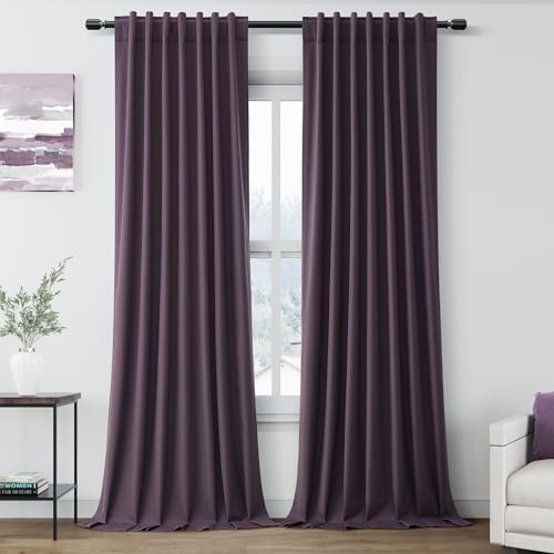 Image of Plum 100% Blackout Linen Curtains for Bedroom 102 Inches Long Back Tab Thermal Insulated Luxury Modern Boho Decor Black Out Curtain for Living Room Dining Room Office Drapes 52x102, 2 Panels