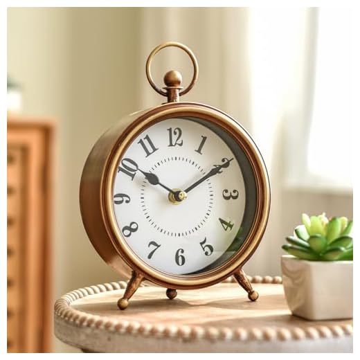 Vintage Small Table Clock on Stand, Decorative Desk and Shelf Clock Farmhouse Mantel Non-Ticking Clock Rustic Metal Frame with Antique Gold Finish 9.3 Inch