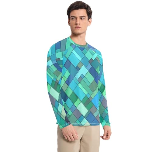Rhomboid Turquoise Green Men's Rash Guard Shirts Comfortable Comfort Long Sleeve Sun Protection UPF 50+ Hiking3