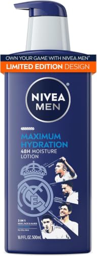 Image of NIVEA MEN Real Madrid Limited Edition Design Maximum Hydration 48-Hour Moisture Body Lotion for Dry Skin, Aloe Vera Lotion for Men, 3-in-1 Body, Face and Hands, 16.9 Fl Oz Bottle (Pack of 12)