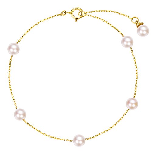 Carleen Solid 14K Yellow Gold Dainty Delicate Five Pearl Station Bracelets Gift For Women Wife Girls Gifts For Valentine‘s Day, 6.70+1.20 Inch #TOP28