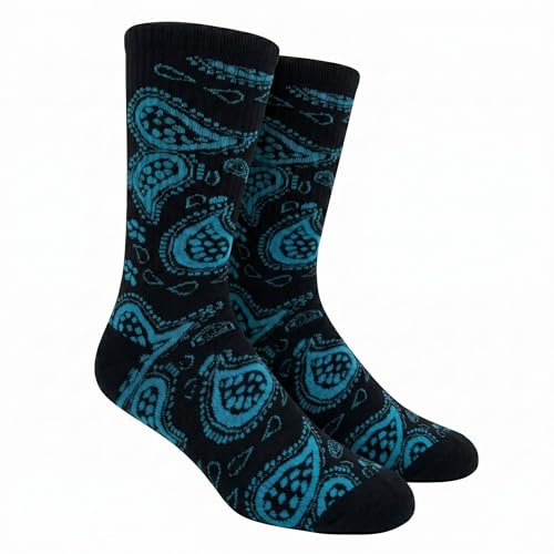 COUVER Unisex Bandana Crew Socks, Black Turquoise Paisley, 10-13