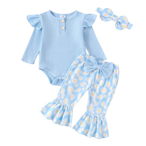 Image of fhutpw Newborn Baby Girl Clothes Rib Frill Long Sleeve Romper Daisy Flared Pants Headband Set 3pcs Fall Winter Outfits