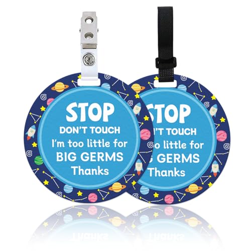 Image of ORIGACH 2 Pack Stop Do Not Touch Baby Signs, Planets and Rockets Don't Touch Thanks Baby Car Seat Sign or Stroller Tag with Hanging Strap and Clip, No Touching Baby Carrier Tag for Preemie Newborn
