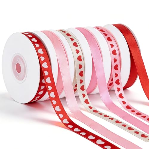 Tenn Well Valentines Day Ribbon 6 Rolls Heart Ribbon Wired for Crafts Tree Bow Making Wreath Making Holiday Decorations Valentines Day Craft Gift Wrapping Home Decor(24 Yards 0.4 inch)