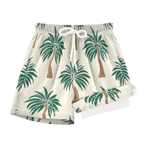 YANENDIE Boy Swim Trunks with Compression Liner Palm Trees Beige Boys Swim Shorts Quick Dry Beach Shorts