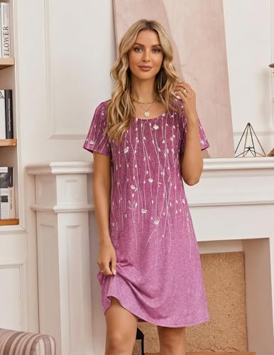 Image of Ekouaer Womens Nightgown Short Sleeve Night Dress Printed Sleepwear Soft Sleep Shirt S-3XL