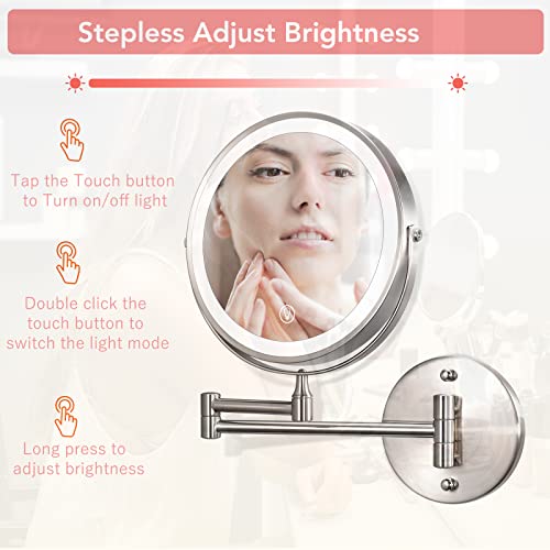 Rechargeable Lighted Wall Mounted Makeup Mirror 8 Inch 1X 10X Magnifying Double Sided, Touch Dimmable 3 Color Led Lights Vanity Mirror, Extendable 360° Swivel Bathroom Mirror, Brushed Nickel #TOP3