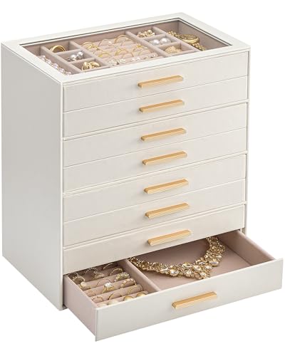 Lolalet ジュエリーボックス 8段収納 ガラス天板 ベルベット内張り アクセサリー整理 引き出し式ケース プレゼント対応 コンパクト設計 高級素材 防塵仕様 -ベージュ