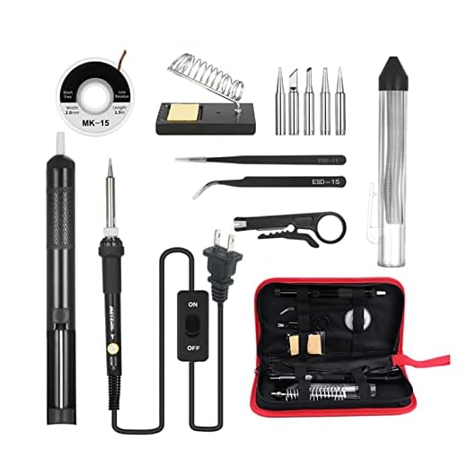 Henniu Kit de ferro de solda 14 em 1 60W ferro de solda de temperatura ajustável com interruptor ON/OFF 5pcs pontas de solda sugador de solda dessoldador pavio fio de solda pinças antiestáticas suport