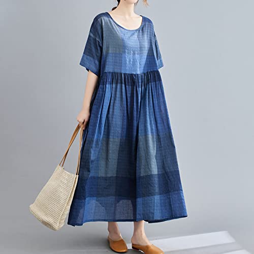 Vestido Algodón y Lino,Henniu Vestido Feminino Algodão e Linho Vintage Estampado Xadrez Manga O Deco