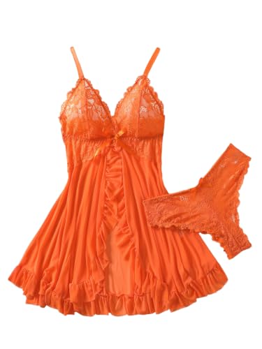 Image of Foxiny Sexy Ruffle Sheer Mesh Lace Wireless Babydoll Lingerie Dress with Thong 2 Piece