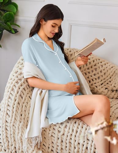 Image of Ekouaer Nightgowns for Women Button Down Sleep Shirt Short Sleeve NightShirts Boyfriend Sleepdress Soft Pajama Dress