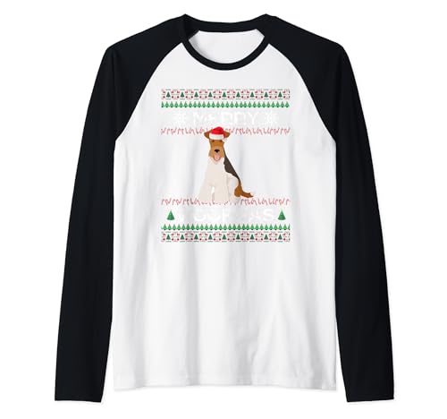 Alambre Fox Terrier Navidad Camiseta Manga Raglan