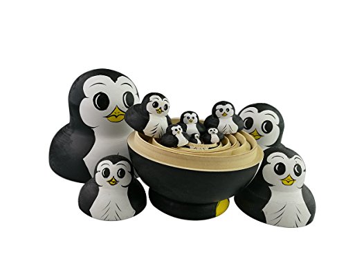 Set aus 10 ineinander stapelbaren Tieren - Motiv „Pummeliger Pinguin“ - Matroschka-Prinzip - handgefertiges Spielzeug aus Holz für die Dekoration des Kinderzimmers