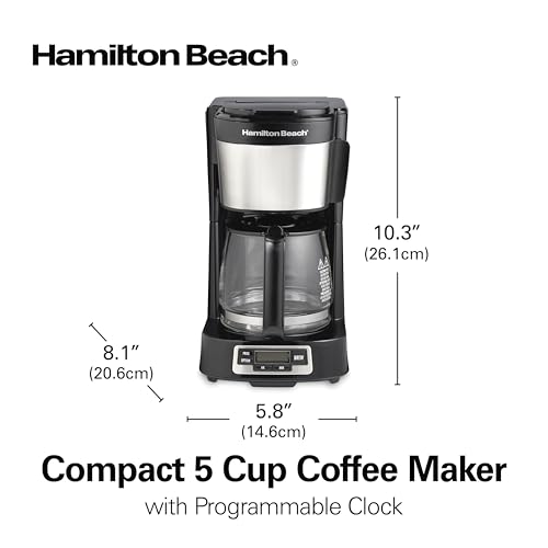 Hamilton Beach 5 Cup Drip Coffee Maker with Easy FrontFill Basket, Compact Design, Programmable Clock, Glass Carafe, Auto Pause and Pour, Black & Stainless Steel (46111) - Image 3