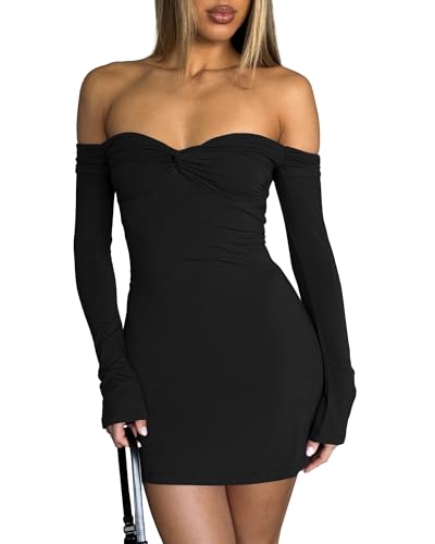 Women's Sexy Off The Shoulder Dresses Bodycon Long Sleeve Backless Slim Fit Elegant Going Out Club Party Mini Dress