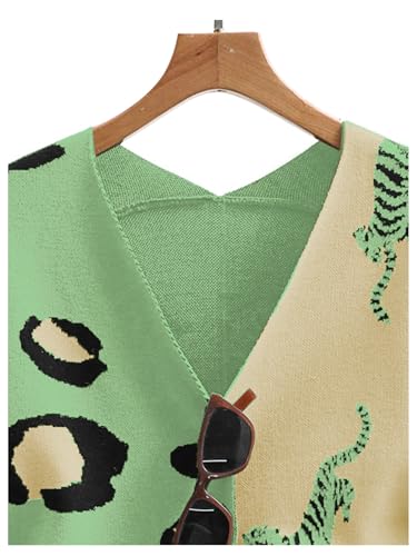 Image of WDIRARA Women's Leopard Tiger Print Cardigan V Neck Long Sleeve Color Block Button Down Sweater Outwear